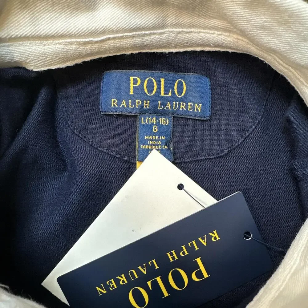 Polo Ralph Lauren Rugby Shirt YOUTH L Classic Fit Striped Jersey Orange Navy NWT